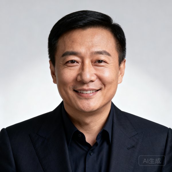 世界杯比分网创始人兼CEO李明远,45岁,前资深体育记者,身穿深色西装面带微笑的正面职业照片